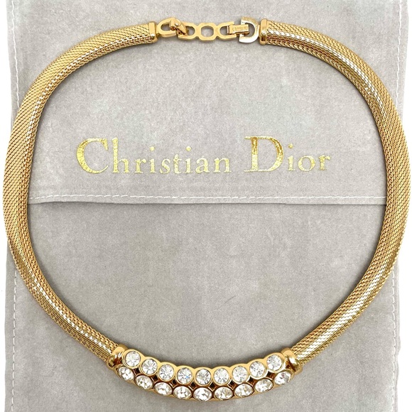 Christian Dior Gold Plated Mesh Chocker Necklace W/ Oval Rhinestones VNT 1980's - Picture 1 of 13